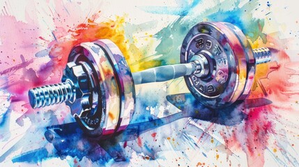 An energizing watercolor painting of a 3D dumbbell its metallic sheen set against vibrant