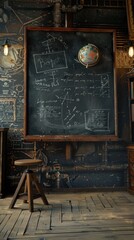 Retro chalkboard 3D icon with chalk-drawn equations - obrazy, fototapety, plakaty