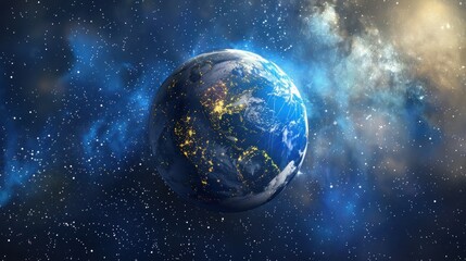 Interactive 3D globe icon with spinning motion stars and galaxy background