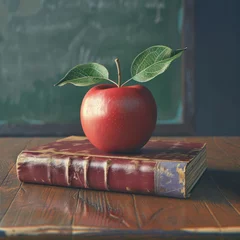Fotobehang Retro-inspired 3D apple-on-book icon symbolizing traditional teaching © Nisit
