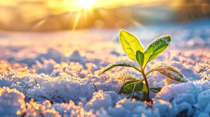 Green plant growing under melting snow at sunrise, end of Winter
