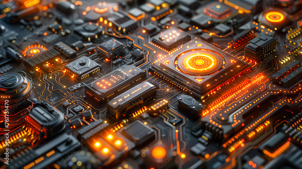 Poster blue digital technology and computing concept, futuristic processor and circuit background design