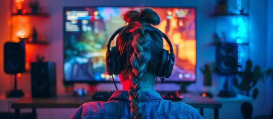 A young woman is wearing headphones while standing in front of a television screen with vibrant neon lights in the background