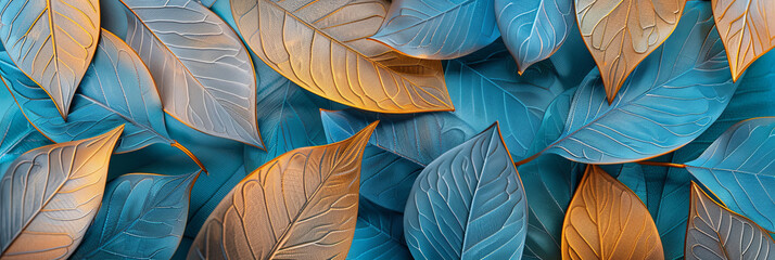 abstract background with golden and blue leaves, generative AI