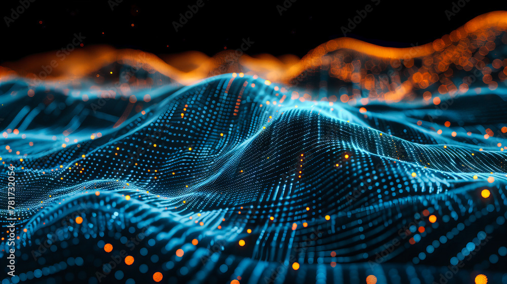 Poster blue futuristic network mesh in digital science, abstract geometric tech wave, polygonal data and cy