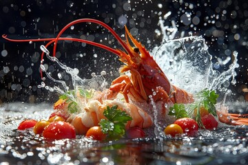 lobster steak, Dramatic scene of lobster with splashing water, surrounded by tomatoes, herbs, emphasizing motion and freshness in a dark, dynamic setting.