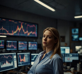 A woman working in the finance sector. She is monitoring digital data on her monitors showing economic movements and fluctuations in the stock market.