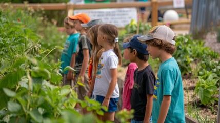 Fototapeta premium A group of children explore the biofuel farm learning about the different types of plants and their role in sustainable farming practices. In the background a sign explains the concept .