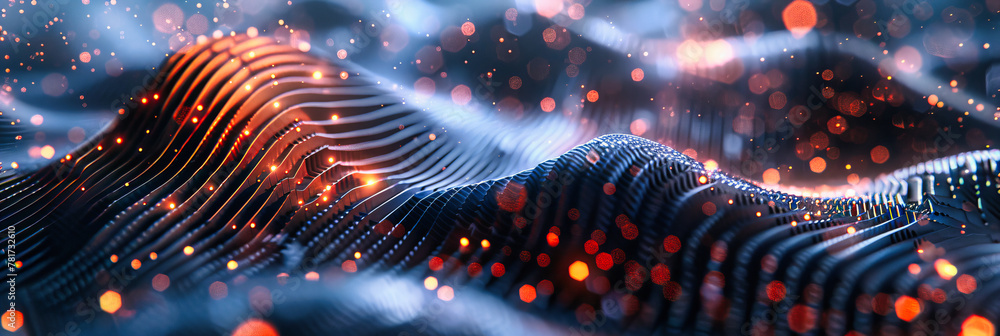 Poster blue grid wave and technology flow, abstract science and digital connection concept, futuristic netw