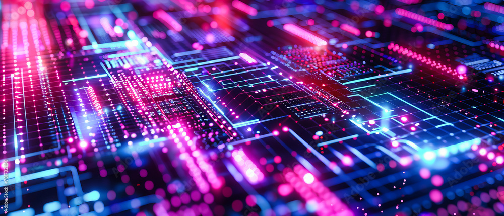 Poster blue motherboard and processor circuit, abstract computer hardware and digital technology background