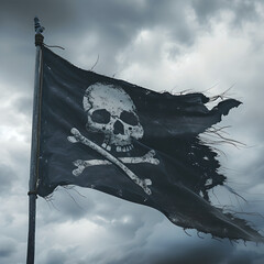 Pirate flag with skull and bones on the flagpole hanging and it waving in wind, cloudy sky in...