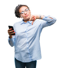 Young braided hair african american business girl using smartphone over isolated background with...