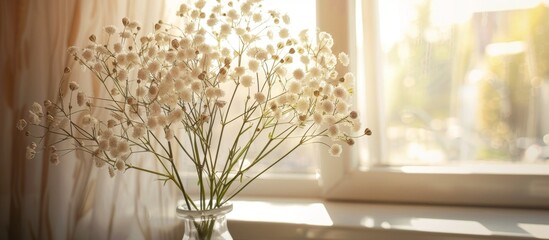 A glass vase filled with colorful flowers sits on a wooden window sill bathed in sunlight