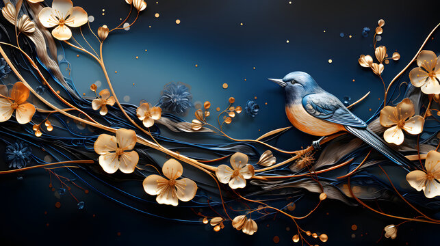 Adorable birds perched on a blossoming tree branch at night
