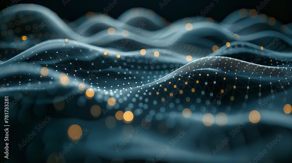 Poster blue particle technology, futuristic glowing digital background, abstract science and connection con