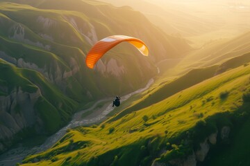 on a summer morning dawn, a man is flying a paraglider