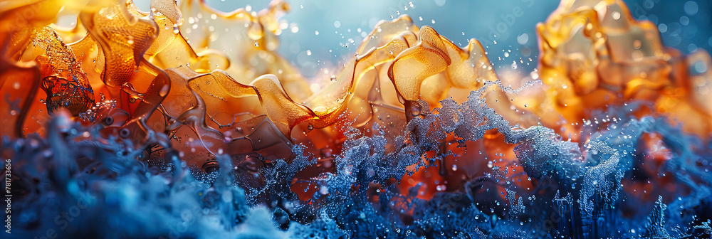 Poster blue water drop macro on liquid surface, abstract background with transparent bubble patterns, fresh