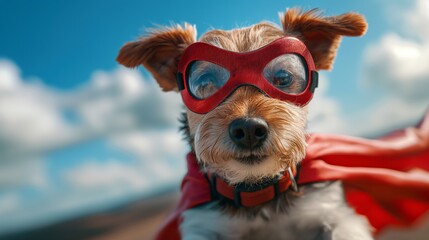 Adorable dog in red superhero cape and mask flying in the sky. Dog in red superhero cape and mask flying in the sky. Dog concept. Fun concept. Pet concept.