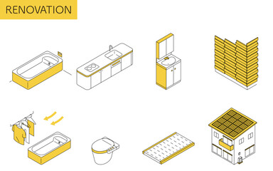 Simple isometric illustration of home remodeling, system bath, system kitchen, solar power generation, etc