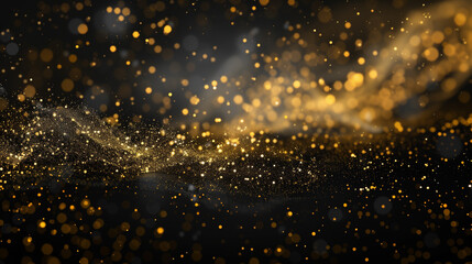 Black background with gold glitter falling on it, gold particles, vector illustration, flat design, high resolution, high detail, Defocused Lights, Glittering magenta gold confetti on black isolated. - obrazy, fototapety, plakaty
