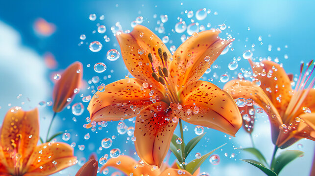 Bright Orange Lily in Bloom, Close-Up of Summer Flora, Natures Radiance, Fresh Rain Drops