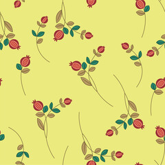 Seamless floral pattern with blooming branches. Boughs with ripe red ferries or fruits. On yellow background.