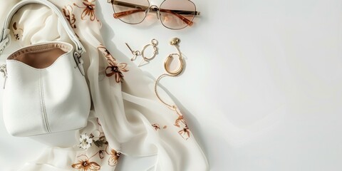 Elegant Lady Essentials: White Handbag, Sunglasses, and Jewellery on Floral Fabric