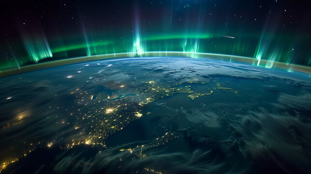 Northern lights seen from space above Earth's nighttime surface.