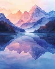 A dreamy watercolor landscape of a mountain range at dawn, with soft hues of pink and orange in the sky, reflecting on a serene, mirrorlike alpine lake - obrazy, fototapety, plakaty