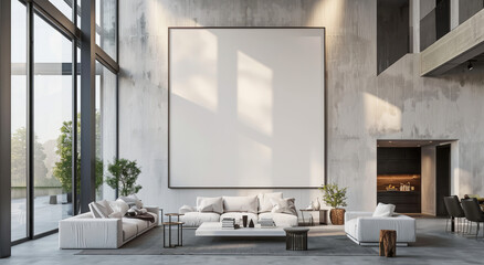 A large, square frame is hanging on the wall of an elegant living room in modern style with white furniture and concrete walls - obrazy, fototapety, plakaty