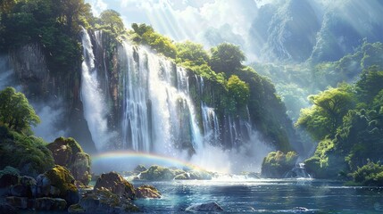 A majestic waterfall cascading over rocks into a misty pool below, surrounded by lush greenery, with rays of sunlight piercing through the mist creating rainbows, watercolor style