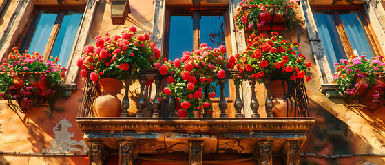Charming European Street Adorned with Flowers, Traditional Architecture Creating a Picturesque Urban Garden
