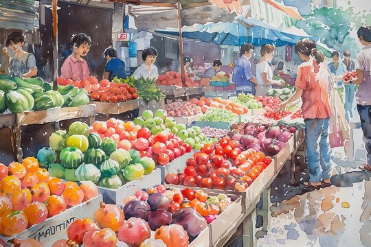 A lively watercolor depiction of a bustling street market, with vendors selling an array of fresh fruits and vegetables