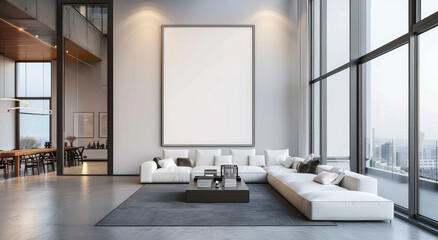 A large, square frame is hanging on the wall of an elegant living room in modern style with white furniture and concrete walls
