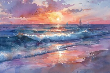 A watercolor seascape showing a peaceful beach at sunset, with gentle waves lapping the shore, a vivid palette of oranges and purples in the sky, and distant sailboats