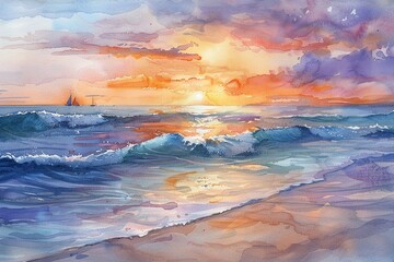 A watercolor seascape showing a peaceful beach at sunset, with gentle waves lapping the shore, a vivid palette of oranges and purples in the sky, and distant sailboats