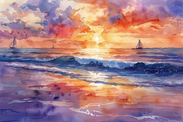 A watercolor seascape showing a peaceful beach at sunset, with gentle waves lapping the shore, a vivid palette of oranges and purples in the sky, and distant sailboats - obrazy, fototapety, plakaty