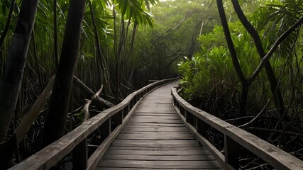 Obraz premium Wooden Bridge Paths Through Lush Forest Landscapes.