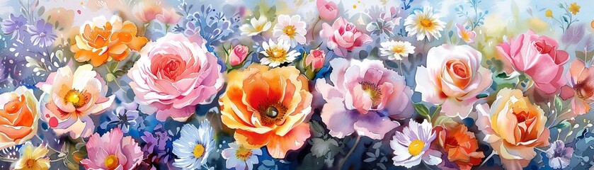 Delicate watercolor flowers in full bloom, showcasing a colorful bouquet of roses, tulips, and daisies full frame