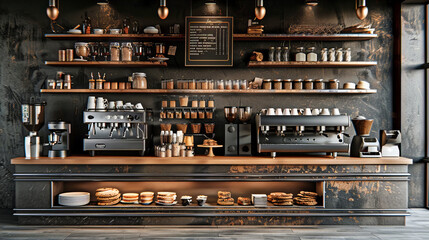 Chic Coffee Shop Interior, Modern Design with Espresso Machine, Welcoming Space for Coffee Lovers and Casual Meetings