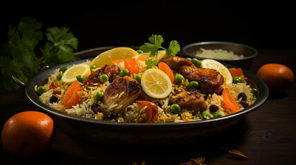 Wide photograph of delicious biriyani dish on a restaurant table in dark background 