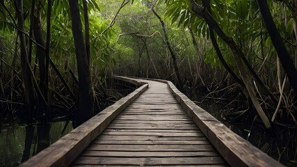 Obraz premium Wooden Bridge Paths Through Lush Forest Landscapes.