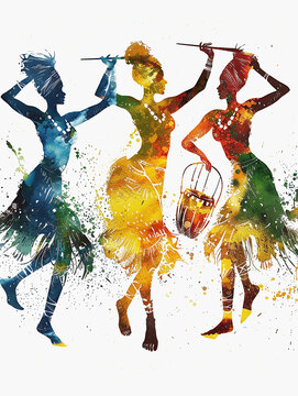 Simple colorful art illustration of three African women dancing.