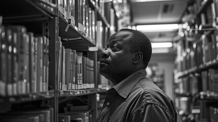 Standing amidst shelves of books and scientific equipment a serious looking researcher in a black and white portrait gazes thoughtfully into the distance lost in scientific ponderings. .