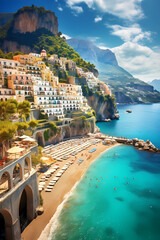 A photorealistic image of the Amalfi Coast, with its picturesque beach and colorful buildings...