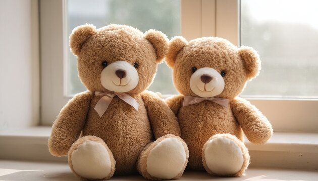 Soft Focus Image of Two Happy Teddy Bears Sitting by the Window in Morning Light