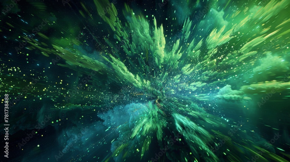 Poster electric blues and neon greens collide in a flurry of abstract explosions creating a futuristic and 
