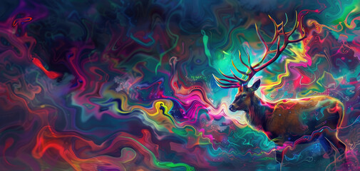 A beautiful deer with long antlers against a colorful and vibrant background in the style of trippy artwork 