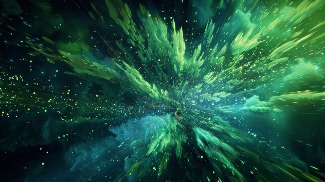 Electric blues and neon greens collide in a flurry of abstract explosions creating a futuristic and dynamic display.