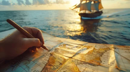 Fotobehang A hand draws precise lines on a map marking out the boundaries of newly discovered land. In the background a ship sails off into the horizon its sails full with the promise of new . © Justlight